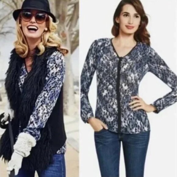 cAbi Style 977 Womens Sz S Fatale Leopard Print Patchwork Sheer Top 28P - Picture 1 of 6